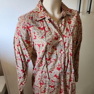 Gloria Vanderbilt Red Beige Paisley Button Up Long Sleeve Shirt Womens Medium